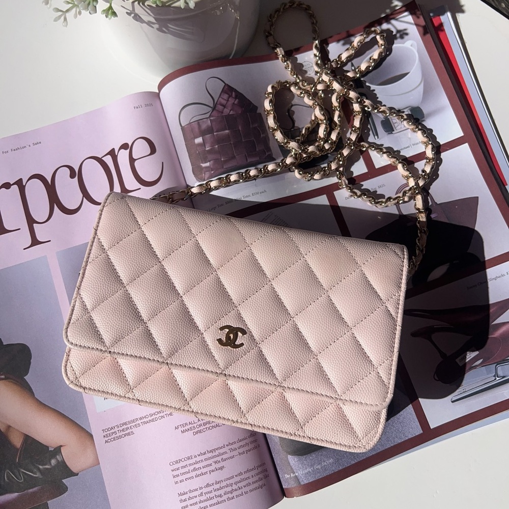 Chanel Peach Quilted Caviar Leather CC Flap Wallet on Chain